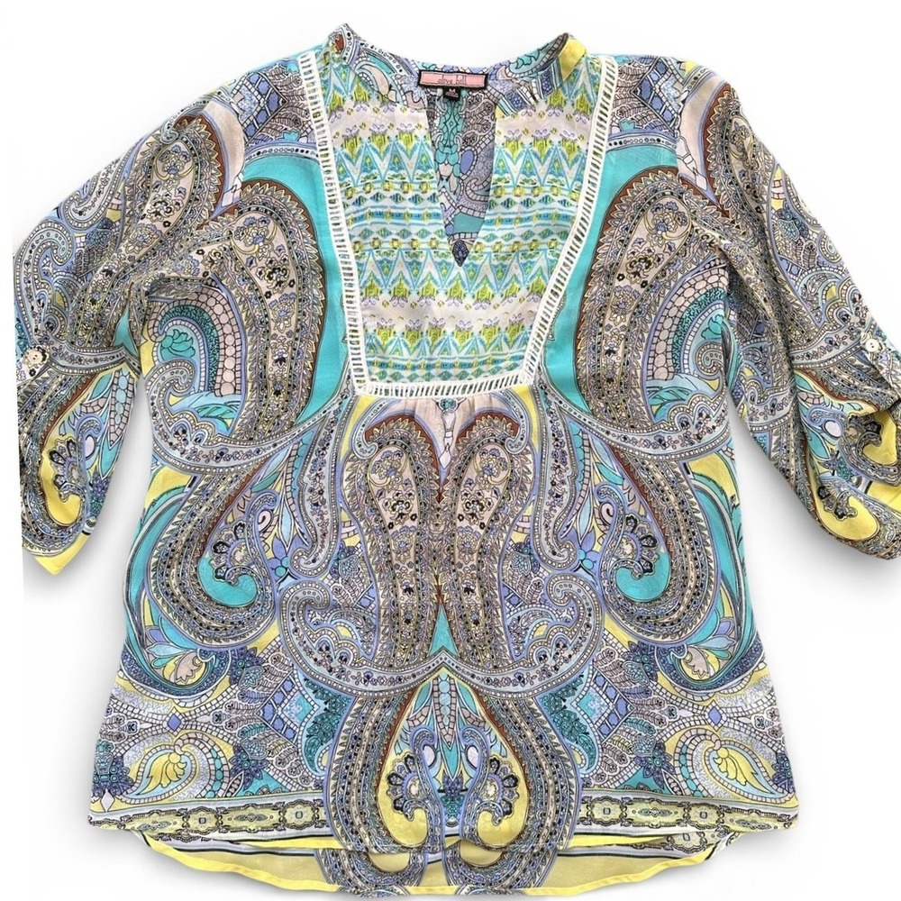 Olive Hill Paisley Tunic Women Medium Blue Yellow Excellent Boho Roll Tab Sleeve